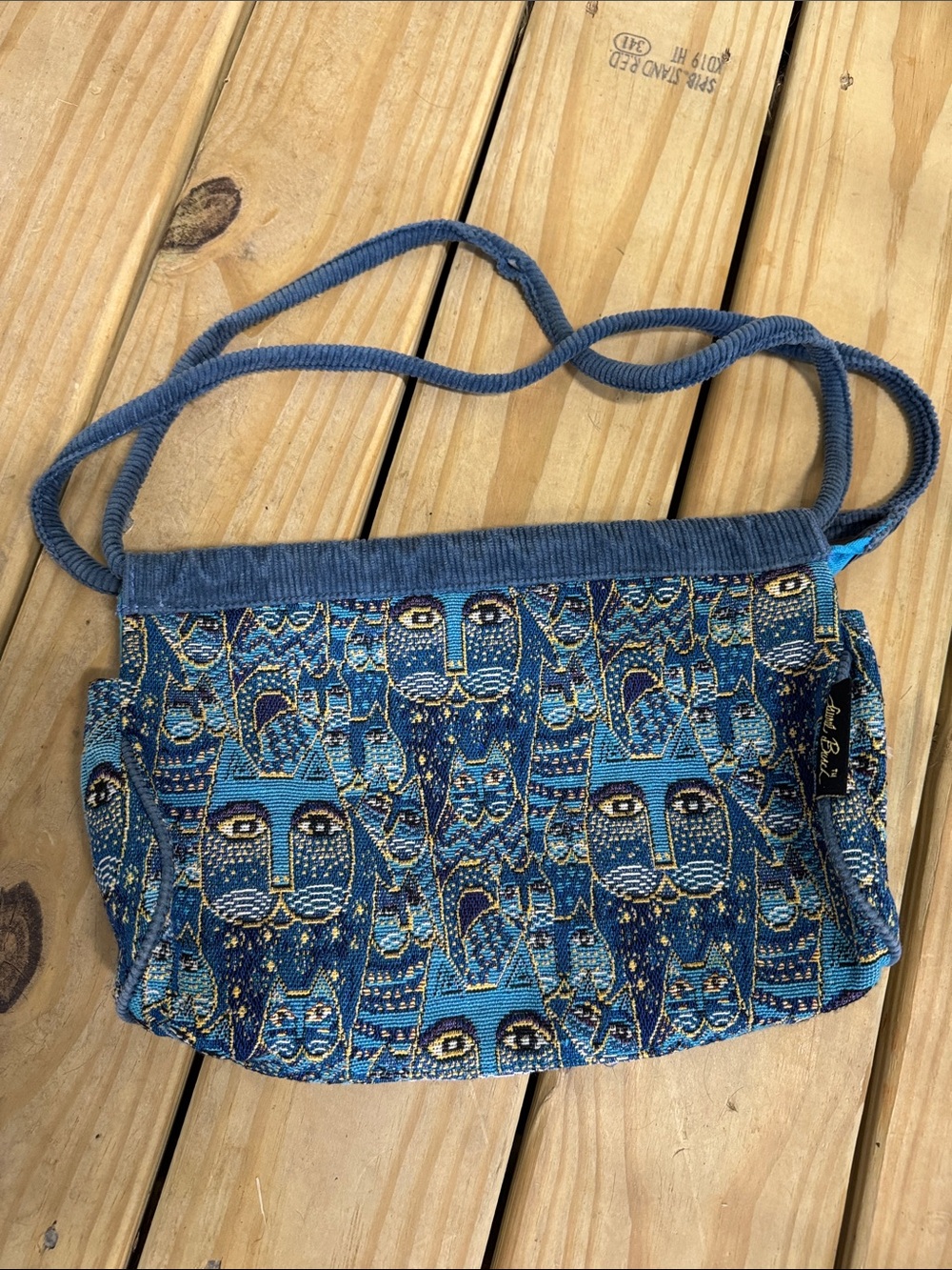 Blue Cat Pattern Crossbody Bag - Handwoven Tapestry
